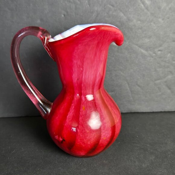 Handblown Glass Red Swirl Cruet Mini Pitcher Vase White Interior Clear Handle 4" - Picture 3 of 9